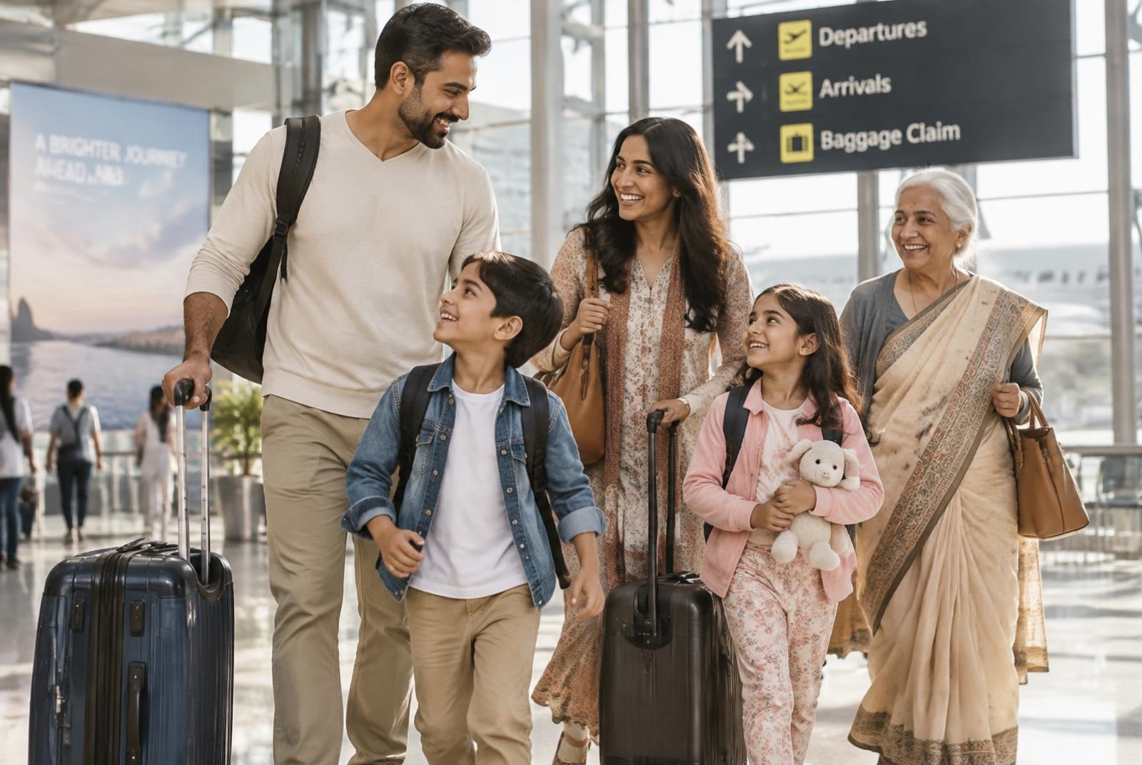 Family reuniting at a Gulf airport arrivals hall