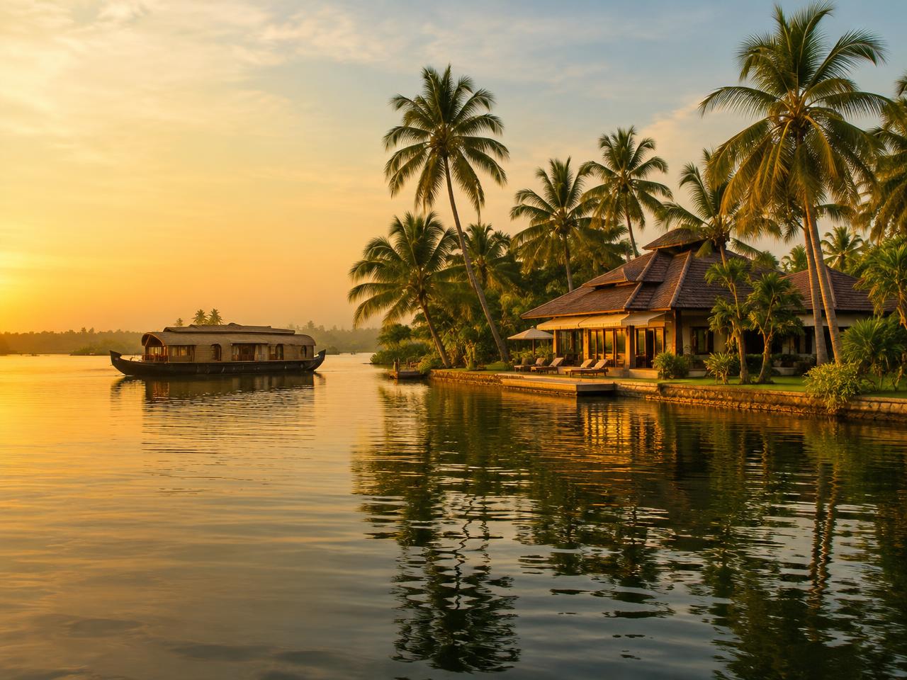 Waterfront villa on the Kerala backwaters at sunset